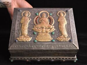 Old Tibet Temple Silver Gold Buddha Sutra Buddhist Scripture 4 Book Box Set