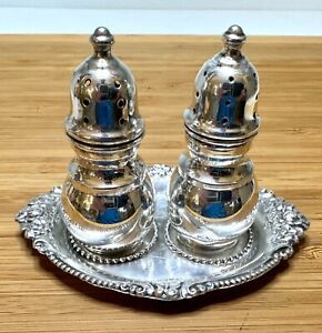 Vintage H Sterling Silver Salt And Pepper Shakers With Resting Tray
