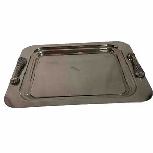 Vtg Silver Butler Serving Display Tray With Tassel Shape Handles Large Platter