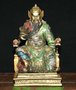 Old China Copper Painting Dynasty Guan Gong Yu Warrior God Dragon Chair Statue