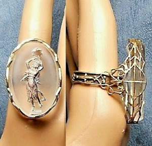 Woman Dancing Camphor Glass Ring Large Antique Woman Tambourine Sterling Filigre
