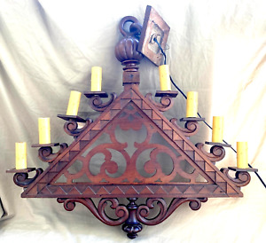 Antique Vtg Carved Walnut Wood Chandelier Ceiling Light Fixture Gothic Style 31 