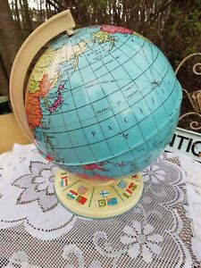 Large 12 Vintage Chad Valley World Globe Tin Plate Metal Made In England