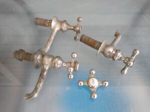 3 Antique Vintage Nickel On Solid Bras Faucets Handle
