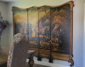 Vintage 4 Panel Screen Room Divider Painted English Fox Hound Hunt Equestrian