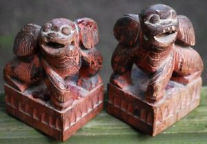 Antique Foo Dogs Set 2 Chinese Qing Dynasty Hand Carved Wood Old Temple Pair