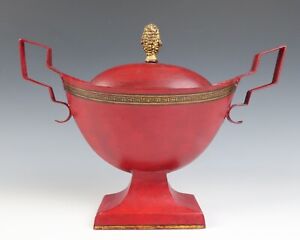 Antique Painted Red Tole Ware Urn Vessel Toleware French English Gilt Metal Tin
