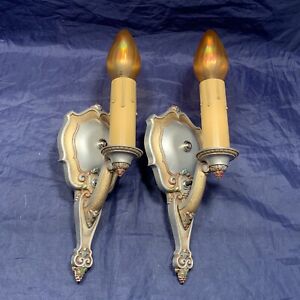 Pair Of Antique Polychrome Riddle Wall Art Deco Sconces Rewired 123b