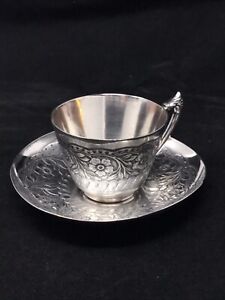 James W Tufts Silver Plated Cup Saucer 1372 W Floral Decoration