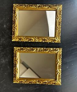 Pair 2 Small Vintage Gold Gilt Wood Italy 1950s Classical Wall Mirror