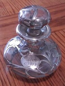 Antique Alvin Fine 999 Silver Overlay Perfume Bottle With Clear Glass As Is 