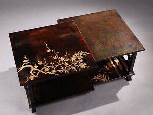 Vintage Japanese Lacquer Wooden Vase Table Incense Burner Stand Trees Pattern