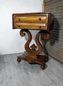Antique Victorian Empire Drop Leaf Work Sewing Table 2 Drawer Harp Lyre