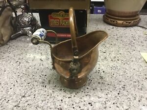 Small Vintage Copper And Brass Coal Scuttle Bucket With Porcelain Handle