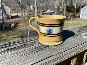 Antique 1800 S Yellow Ware Blue Seaweed Stoneware Cup With Handle 3 1 2 H