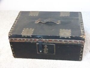 Old Colorful Thick Paper Covered Wood Document Box With Leather Trim