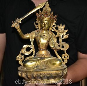 12 Old Chinese Bronze Gilt Buddhism Wenshu Manjushri Wisdom Sword Statue