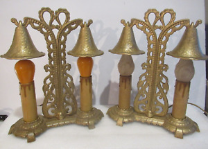 Antique Rare 1940s Cast Bedside Table Candle Lamps Bell Tops Downward Glow Usa