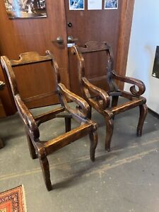 Antique Pair Of Authentic Spanish Colonial Hand Carved Wood Arm Chairs