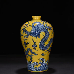11 4 Old Porcelain Ming Dynasty Xuande Mark Yellow Blue White Dragon Pulm Vase