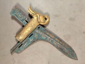 Chinese Ritual Bronze Ge Weapon Inlays Gems Gold Dagger Axe Bird Pattern Cap 