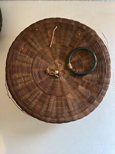 Antique Chinese 11 Wicker Sewing Basket With Green Ring And Beads