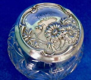 Webster Antique American Art Nouveau Sterling Silver Hand Cut Crystal Powder Jar