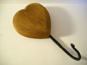 Vintage Primitive Folk Art Thick Wooden Heart Wall Hanger With Hook Dated 1988