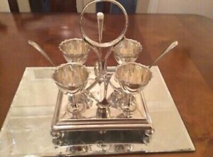 Antique Art Deco Silver Plated Egg Cup Holder And Spoons