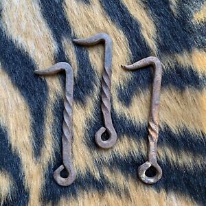 Lot Of 3 Antique Twisted Blacksmith Made Door Latch Fence Hook Ornate Cast Iron
