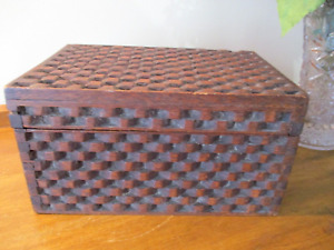 Antique Tramp Folk Art Woven Interlocked Design Wood Box