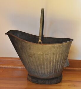 Antique Metal Coal Bucket Early Primitive Folded Seam Tin Two Handle Large Size