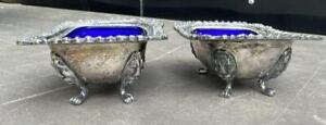 Antique Victorian Silver Plate Salt Dishes W Figural Feet Blue Glass Inserts