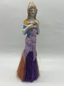 Vintage Porcelain Half Doll Lady Vanity Whisk Broom Straw Made In Japan