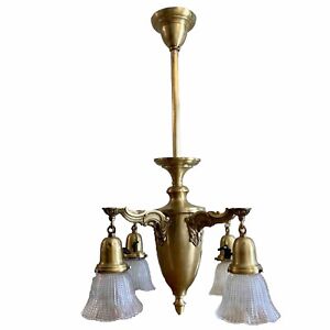 Vintage Art Deco Brass Pendant Chandelier 4 Arm 4 Bulb Victorian Antique Unique 