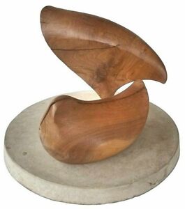 Mid Century Modern Abstract Carved Wooden Sculpture Cement Base