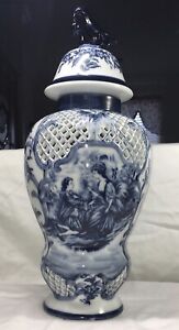 Chinoiserie Blue White Vase 16 Tall Lattice Design With Bird Courting Couple 