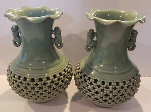 Large Pair Of Vintage Signed Celadon Korean Pottery Vases Reticulated Cranes