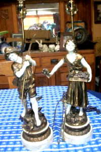 Antique French Moreau Figural Lamps Fisherman Flower Girl Bronzed Metal Pair