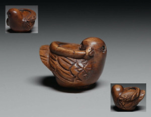Netsuke Ojime Japanese Wooden Sculpture Wood Carving Sparrow 0 9x0 9x0 7in