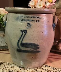 Antique Salt Glazed Stoneware Cowden Wilcox Harrisburg Pa 2 Gallon Swan Crock
