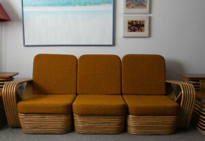Vintage Paul Frankl Square Pretzel Bamboo Rattan Couch Chairs Tables Set
