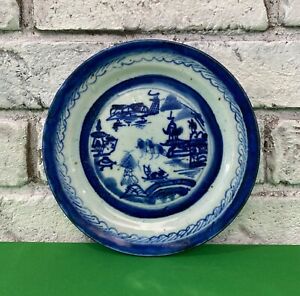 Antique Chinese Qing Dynasty Canton Blue White Porcelain 7 Plate Dark Blue