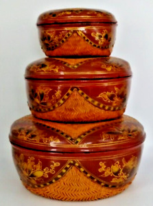 Vintage Set Of 3 Woven Bamboo Painted Lacquer Nesting Baskets W Lids Vietnam