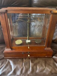  Antique Apothecary Scale With Some Weights Wood Encasing 