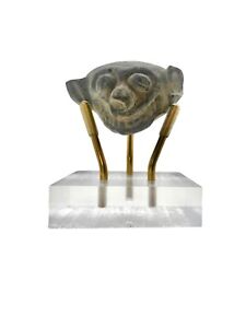 Antique Artifact Pre Columbian Head Fragment On Golden Acrylic Base Collector