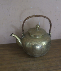 Vintage Chinese Brass Teapot Kettle Etched Figures 5 
