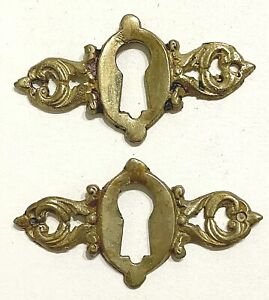 Vintage Ornate Brass Skeleton Key Hole Escutcheon Hardware 1 3 4 X 7 8 Pair