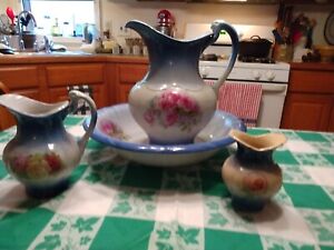 Reduced Antique Blue And White Stoneware Water Basin And Pitcher Set