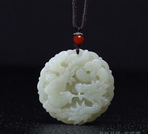 Chinese Beautiful Natural Hetian White Jade Carved Pendant Necklace Dragon Phoe